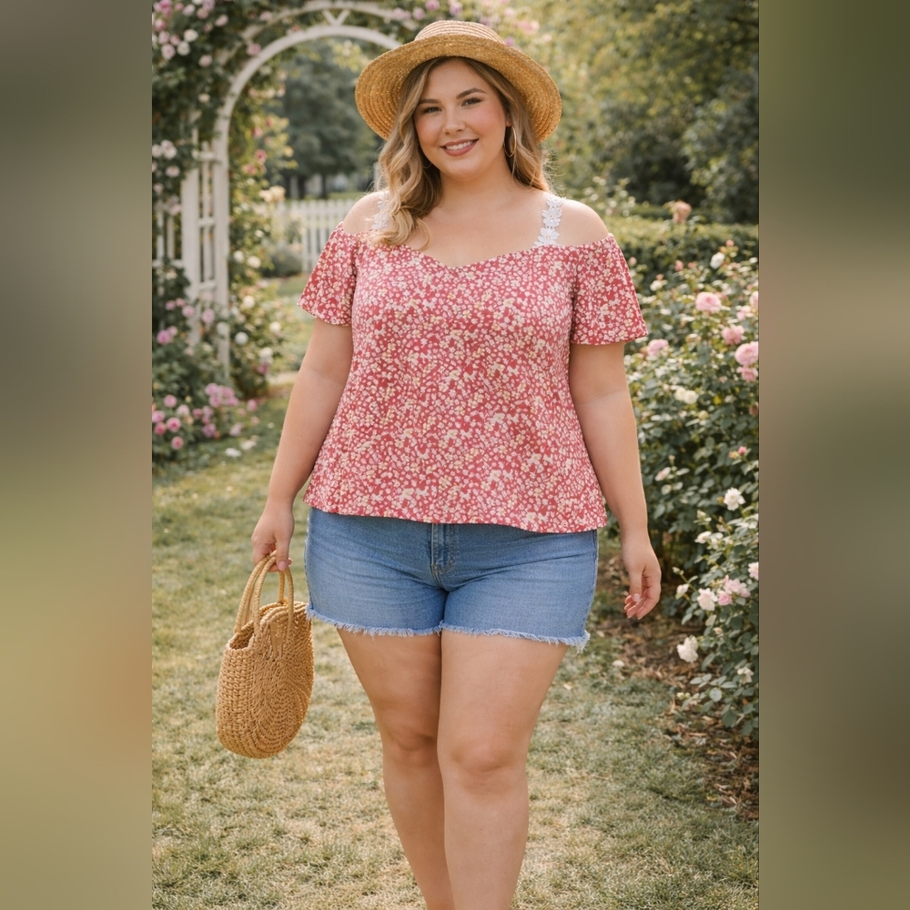 SHEIN 2XL Pink Salmon & White Flower Flutter/Crochet Sleeve Blouse
